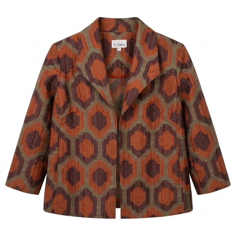 3 Sisters Women's LARGE Orange‎ Geometric Hexagon Ikat Open Front Jacket